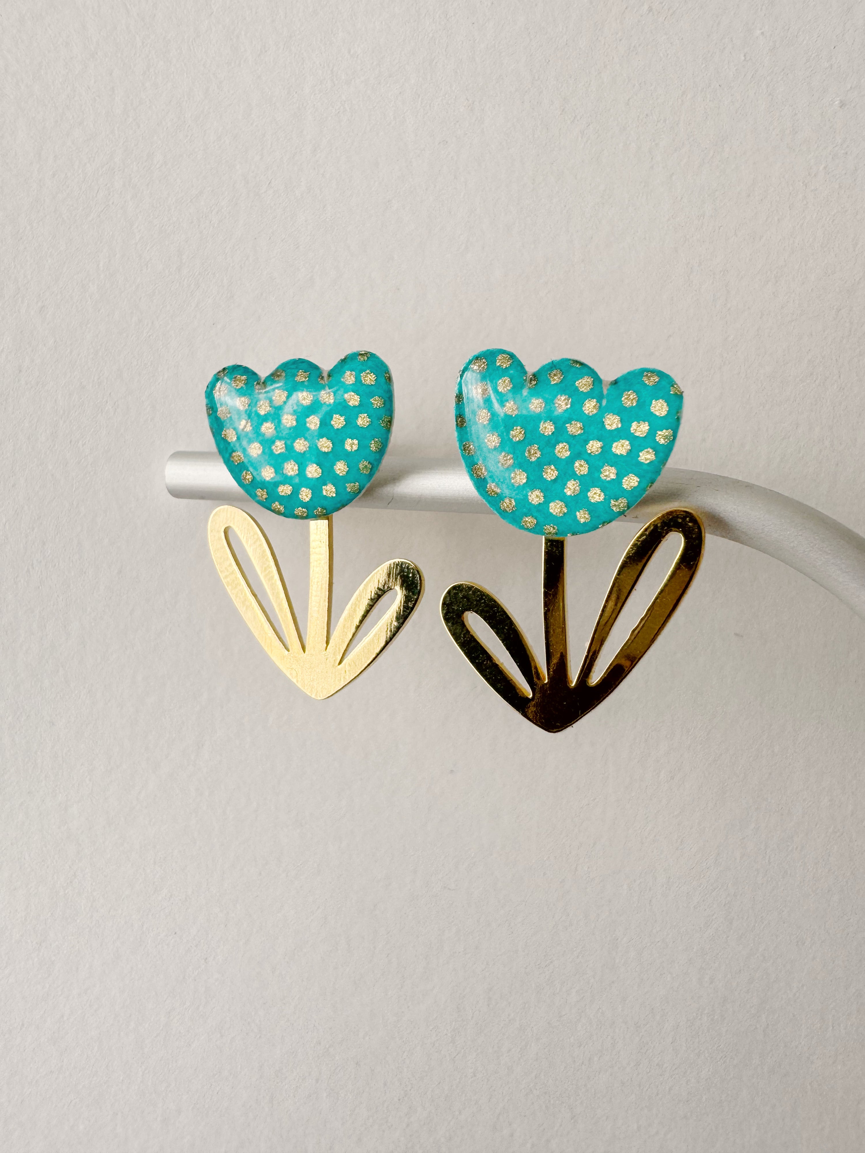 Boucles modulables LOUISE, bleu vert, doré, motif pois