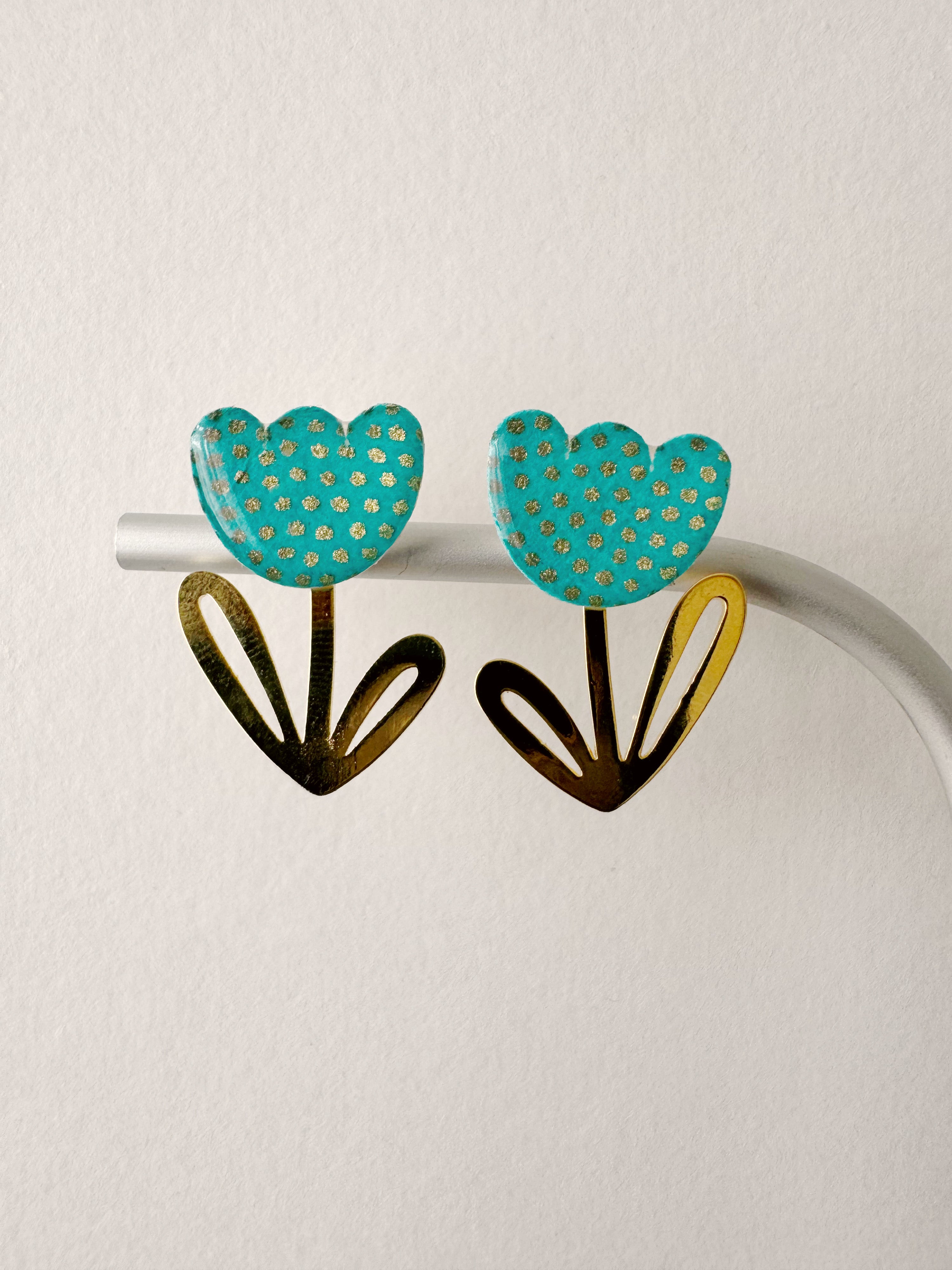 Boucles modulables LOUISE, bleu vert, doré, motif pois