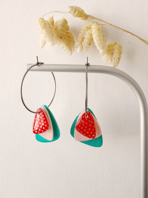 Boucles créoles PEPITA, bleu vert, rose poudré, rouge orangé, argenté