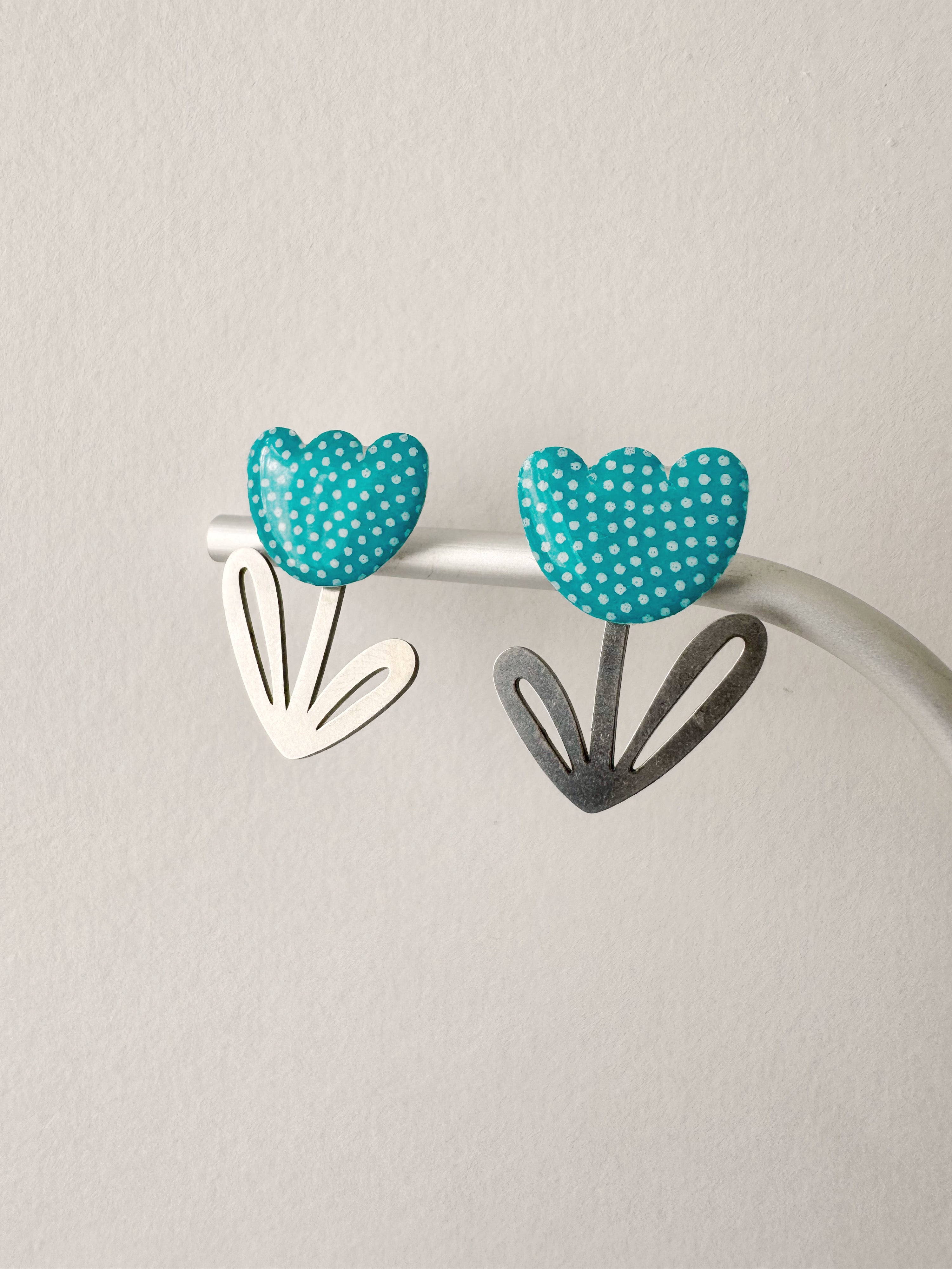 Boucles modulables LOUISE, bleu turquoise, blanc, argenté, motif pois