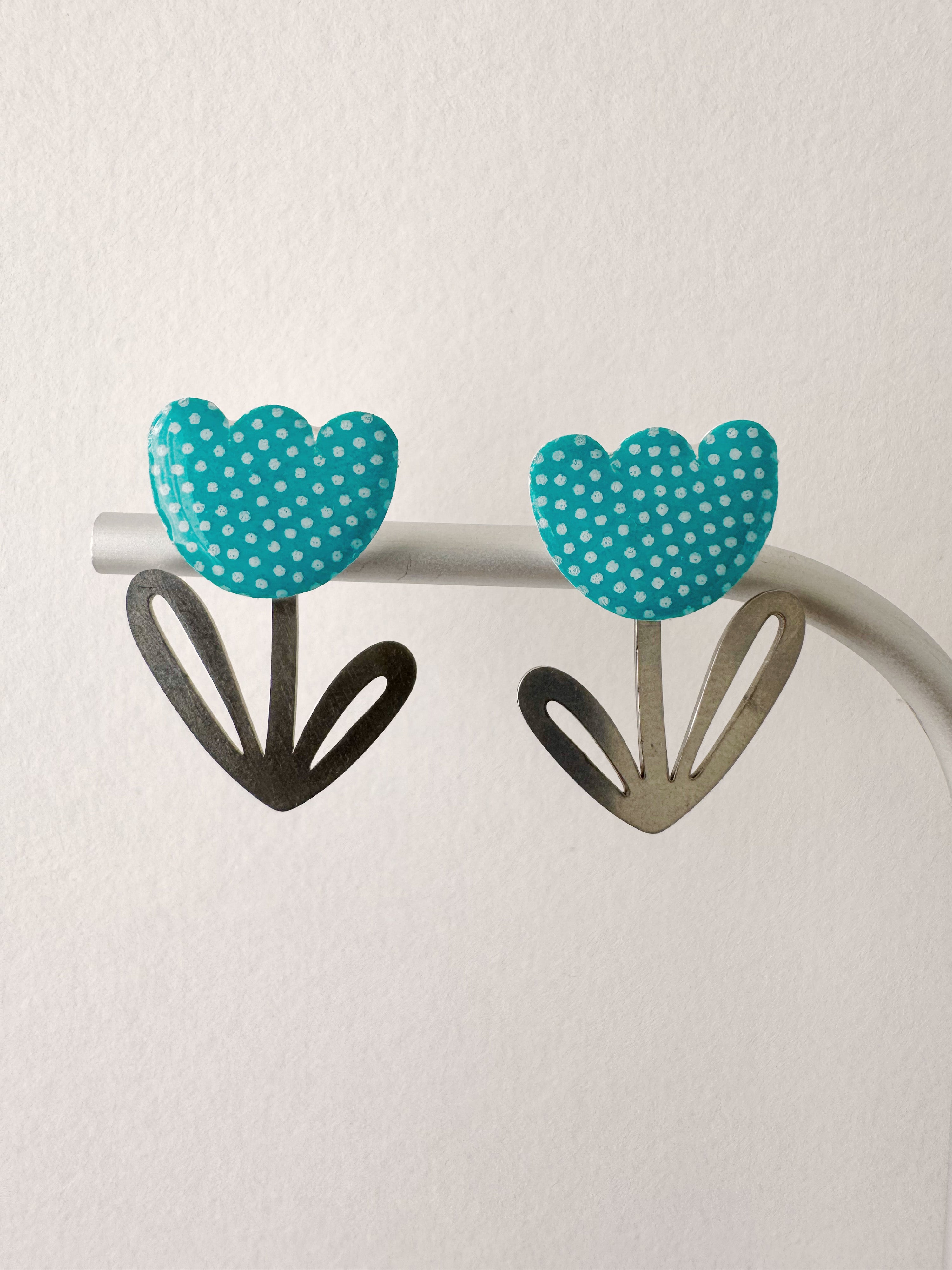 Boucles modulables LOUISE, bleu turquoise, blanc, argenté, motif pois