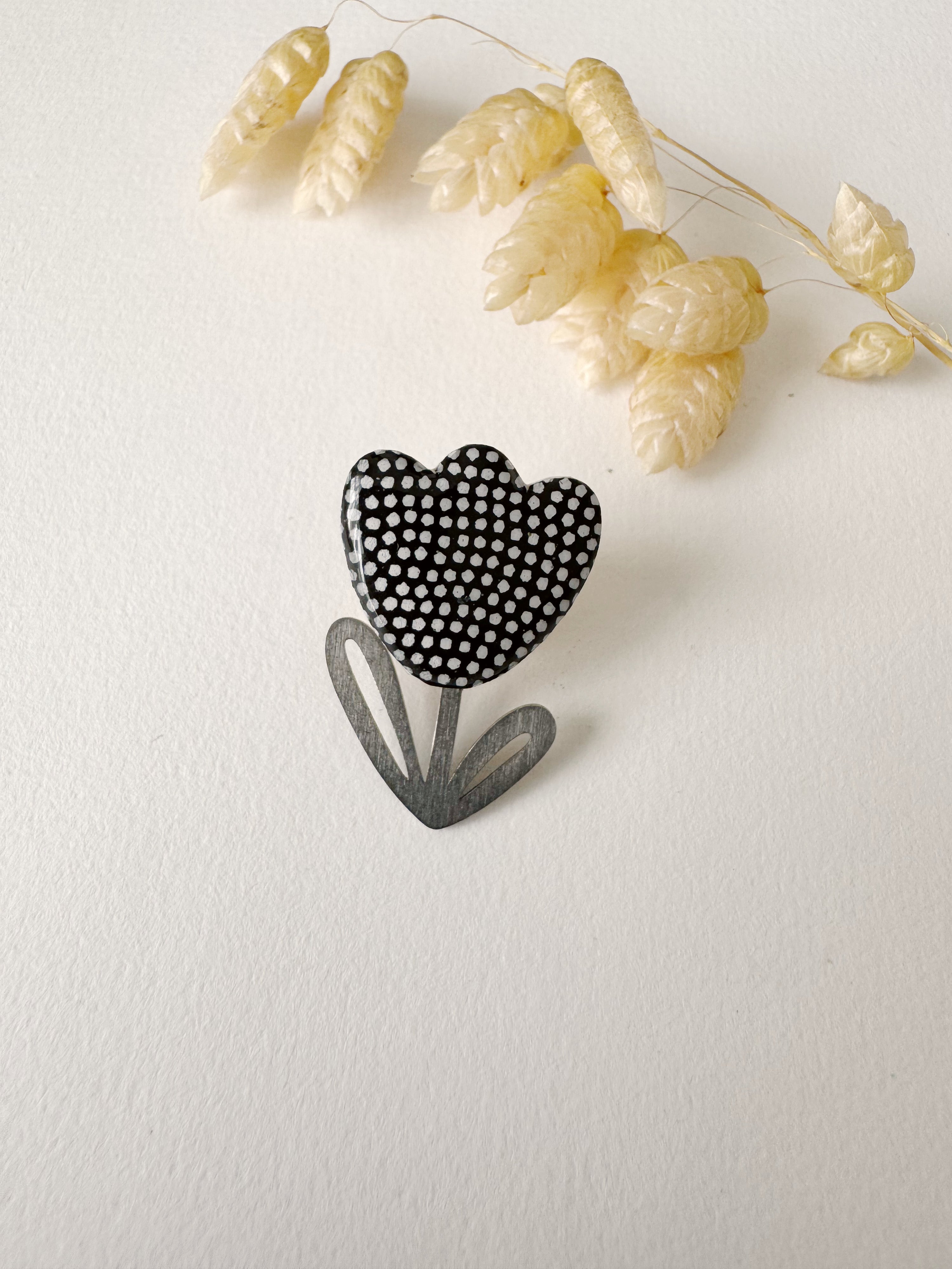 Broche modulable LOUISE, noir, blanc, argenté, motif pois