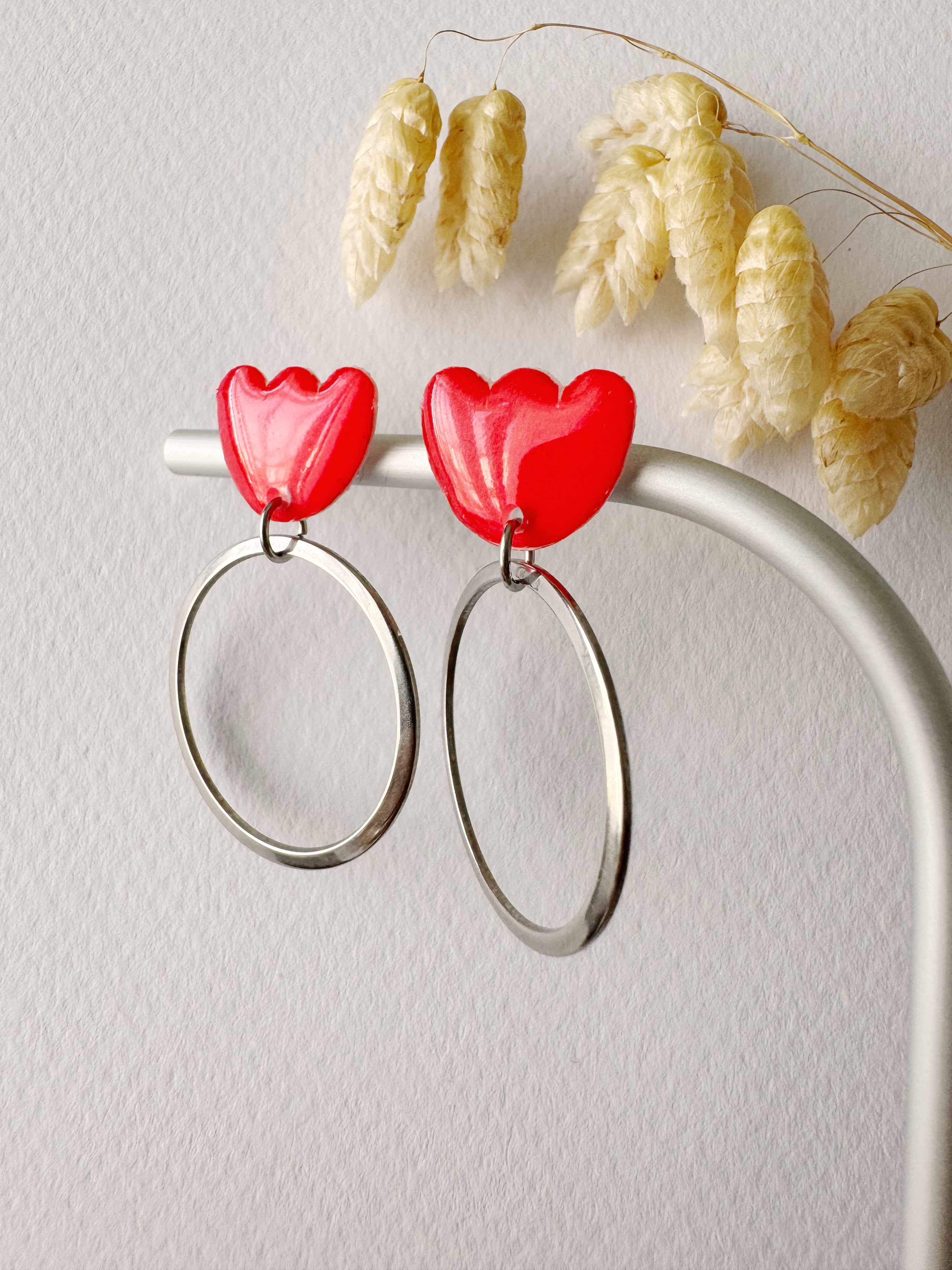 Boucles pendantes MALIA, rouge, argenté