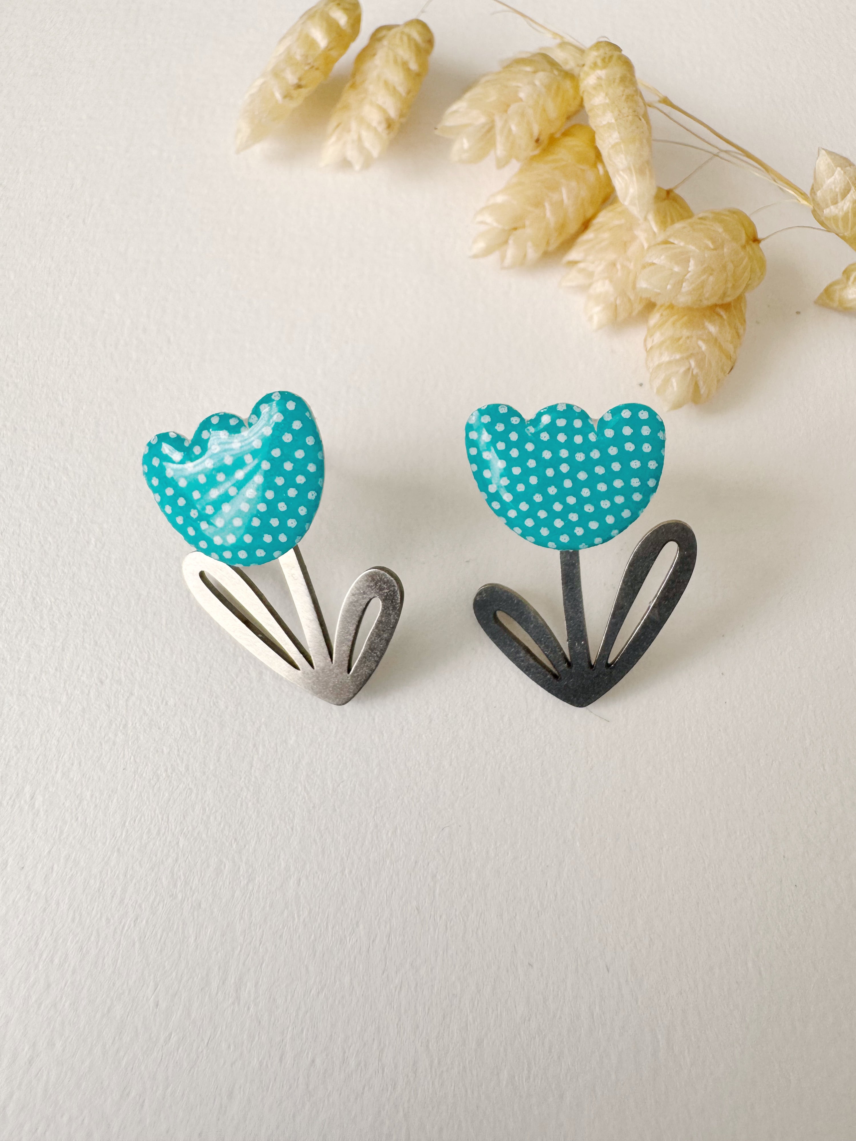 Boucles modulables LOUISE, bleu turquoise, blanc, argenté, motif pois