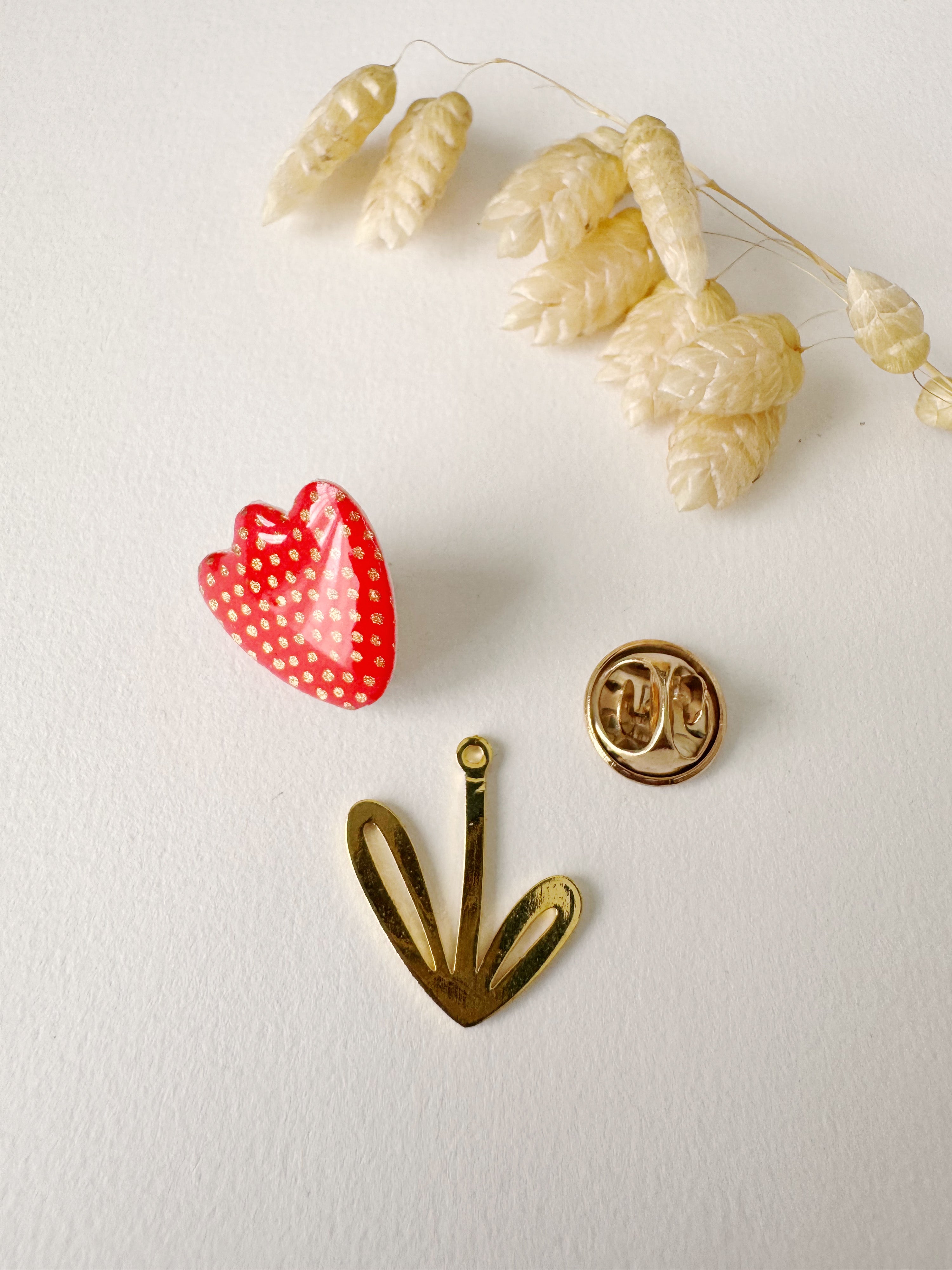 Broche modulable LOUISE, rouge orangé, doré, motif pois