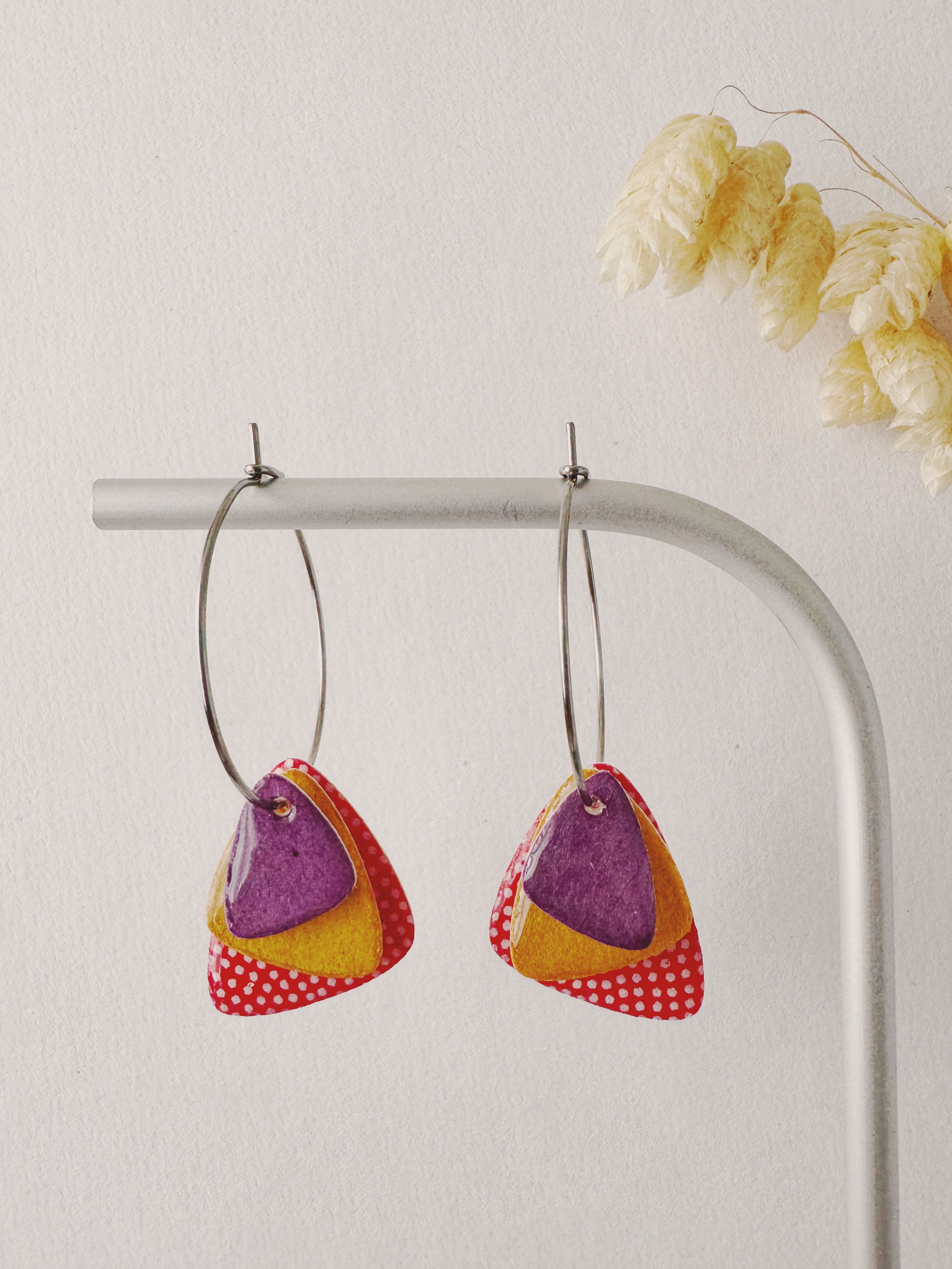 Boucles créoles PEPITA, rouge, jaune moutarde, violet, argenté