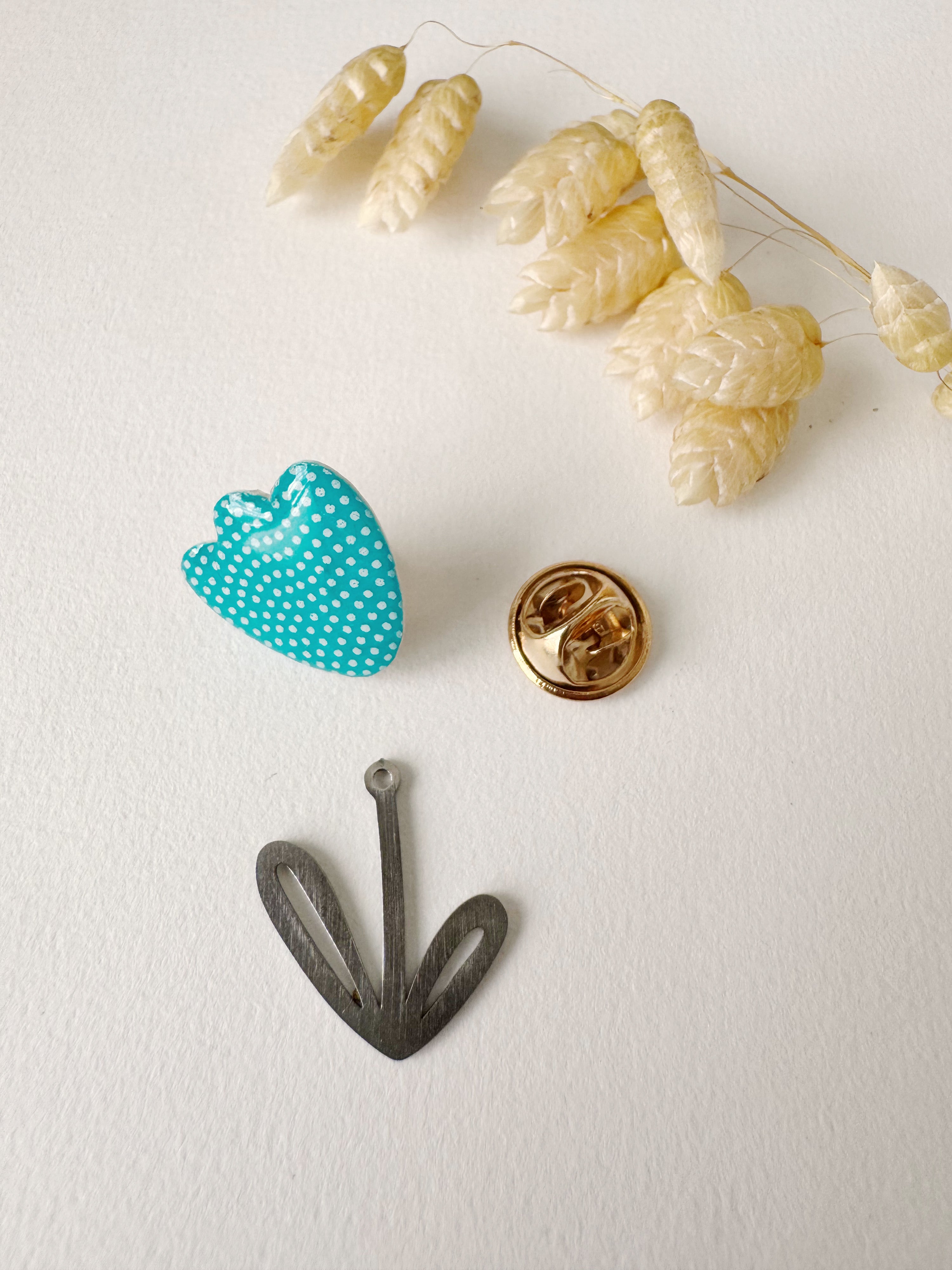 Broche modulable LOUISE, bleu turquoise, blanc, argenté, motif pois