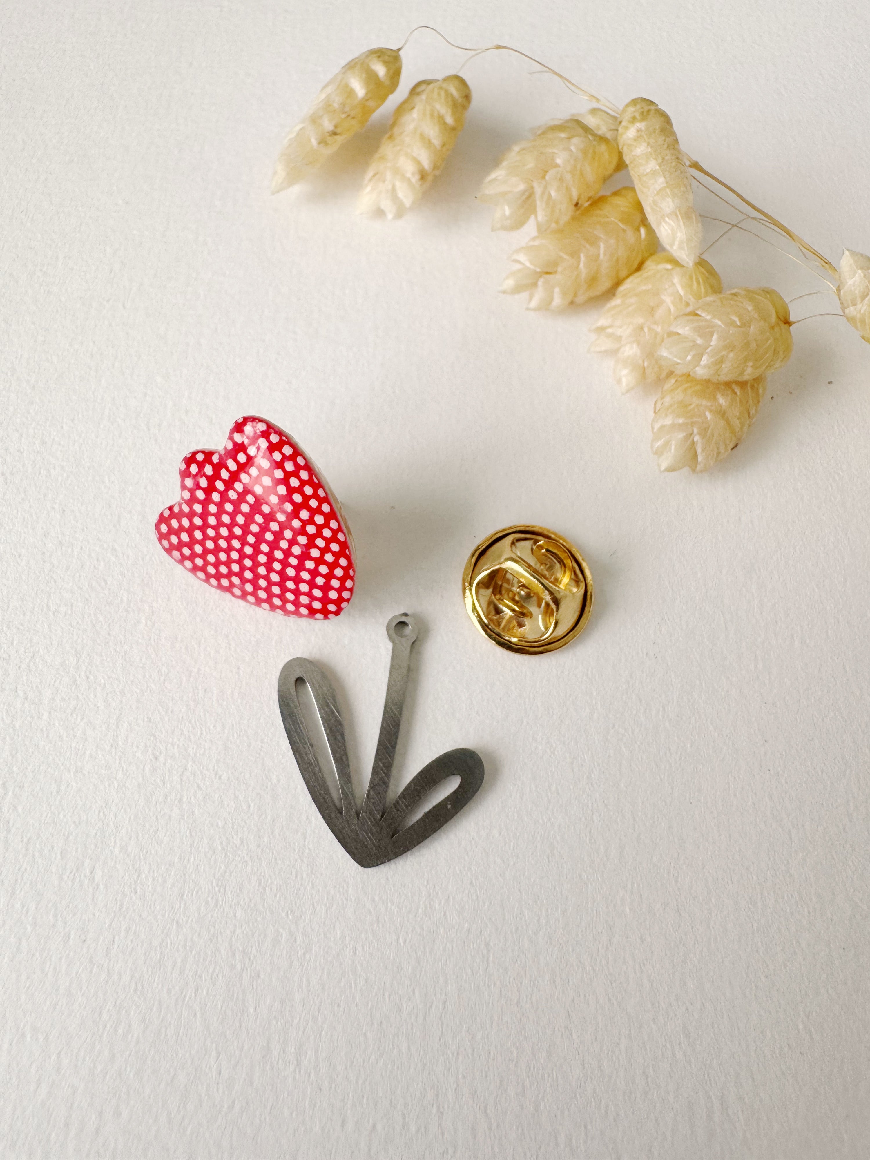 Broche modulable LOUISE, rouge, blanc, argenté, motif pois