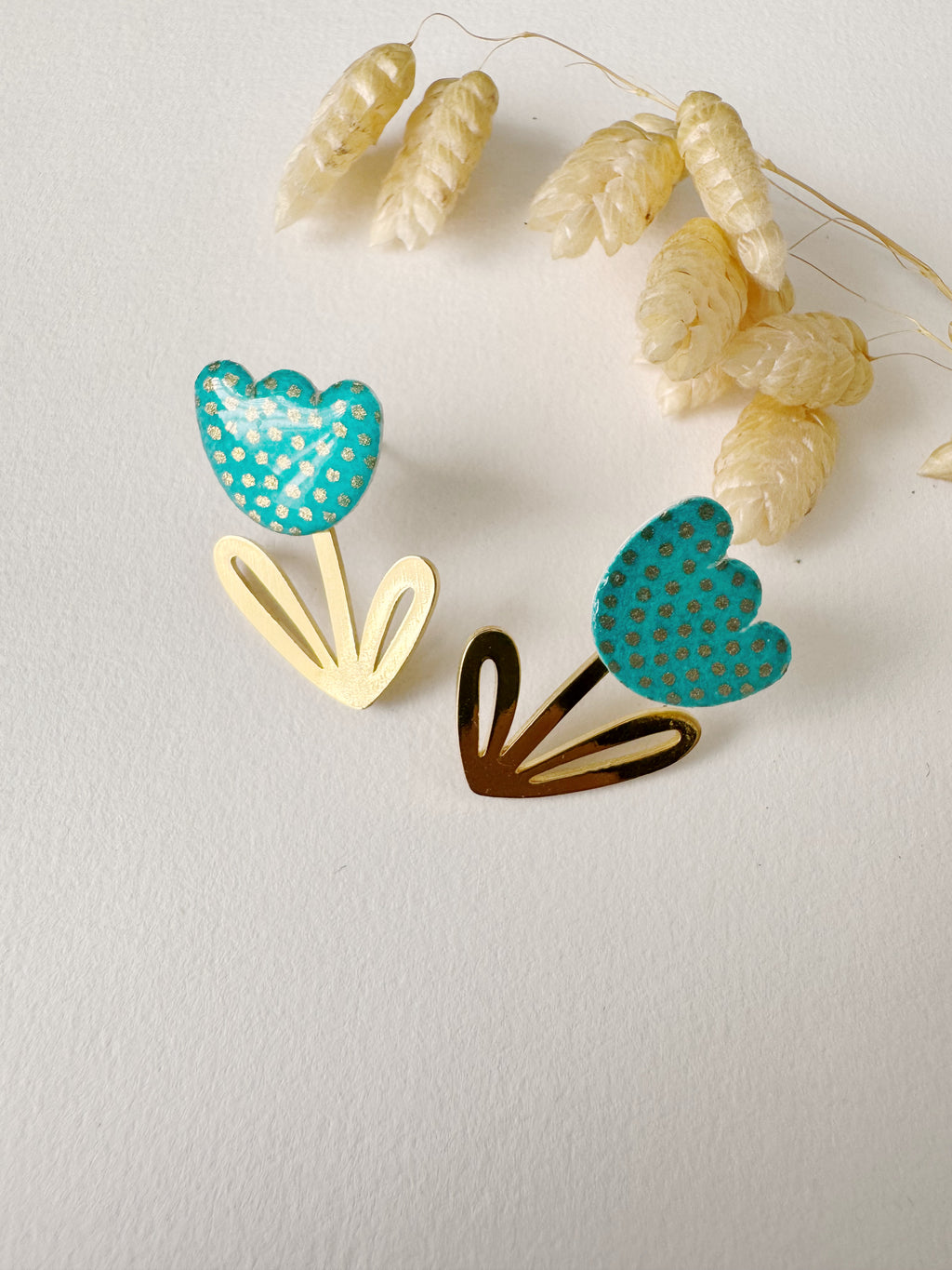 Boucles modulables LOUISE, bleu vert, doré, motif pois