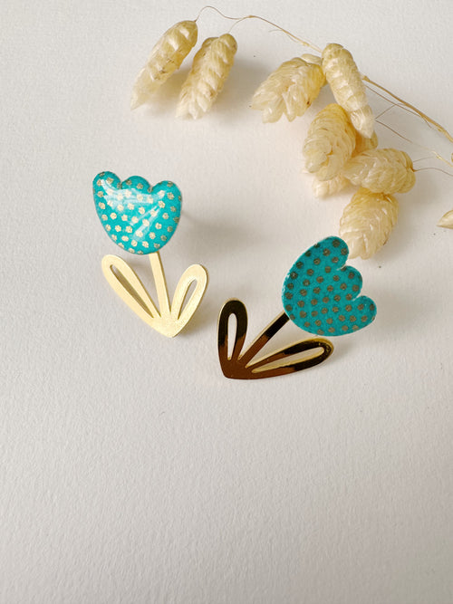 Boucles modulables LOUISE, bleu vert, doré, motif pois