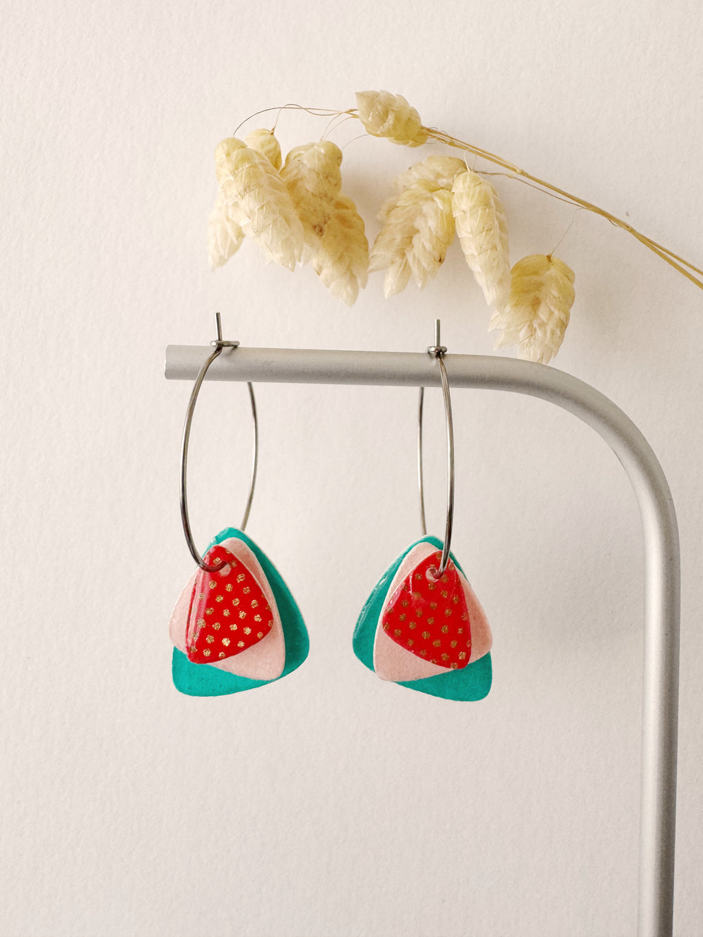 Boucles créoles PEPITA, bleu vert, rose poudré, rouge orangé, argenté