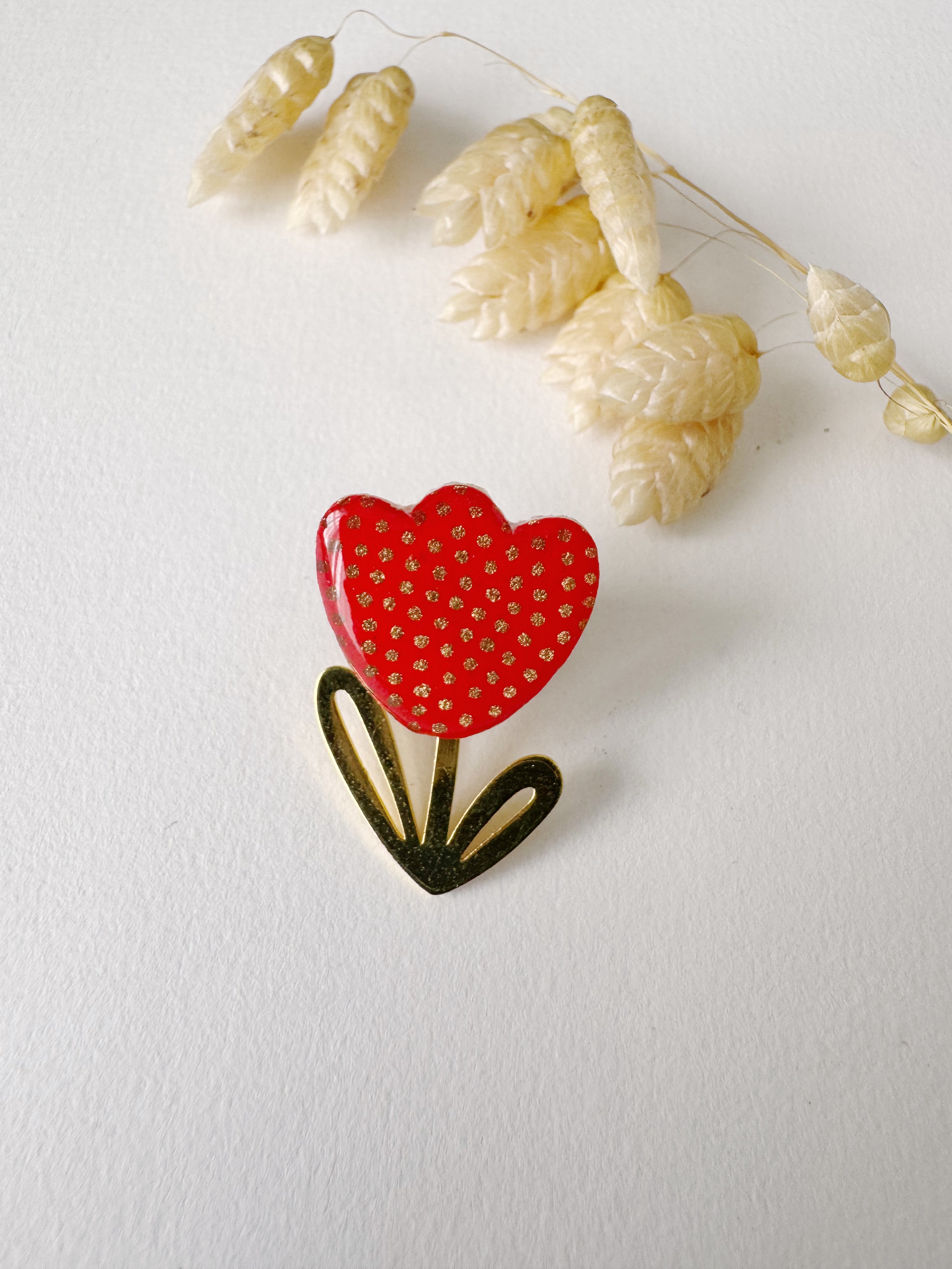 Broche modulable LOUISE, rouge orangé, doré, motif pois