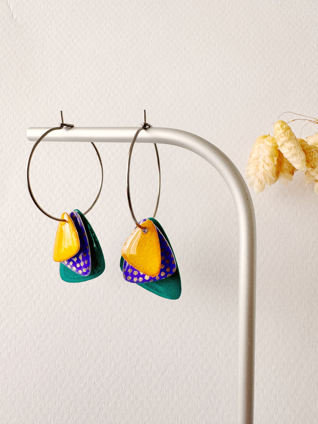 Boucles créoles PEPITA, vert bleu, bleu, jaune moutarde