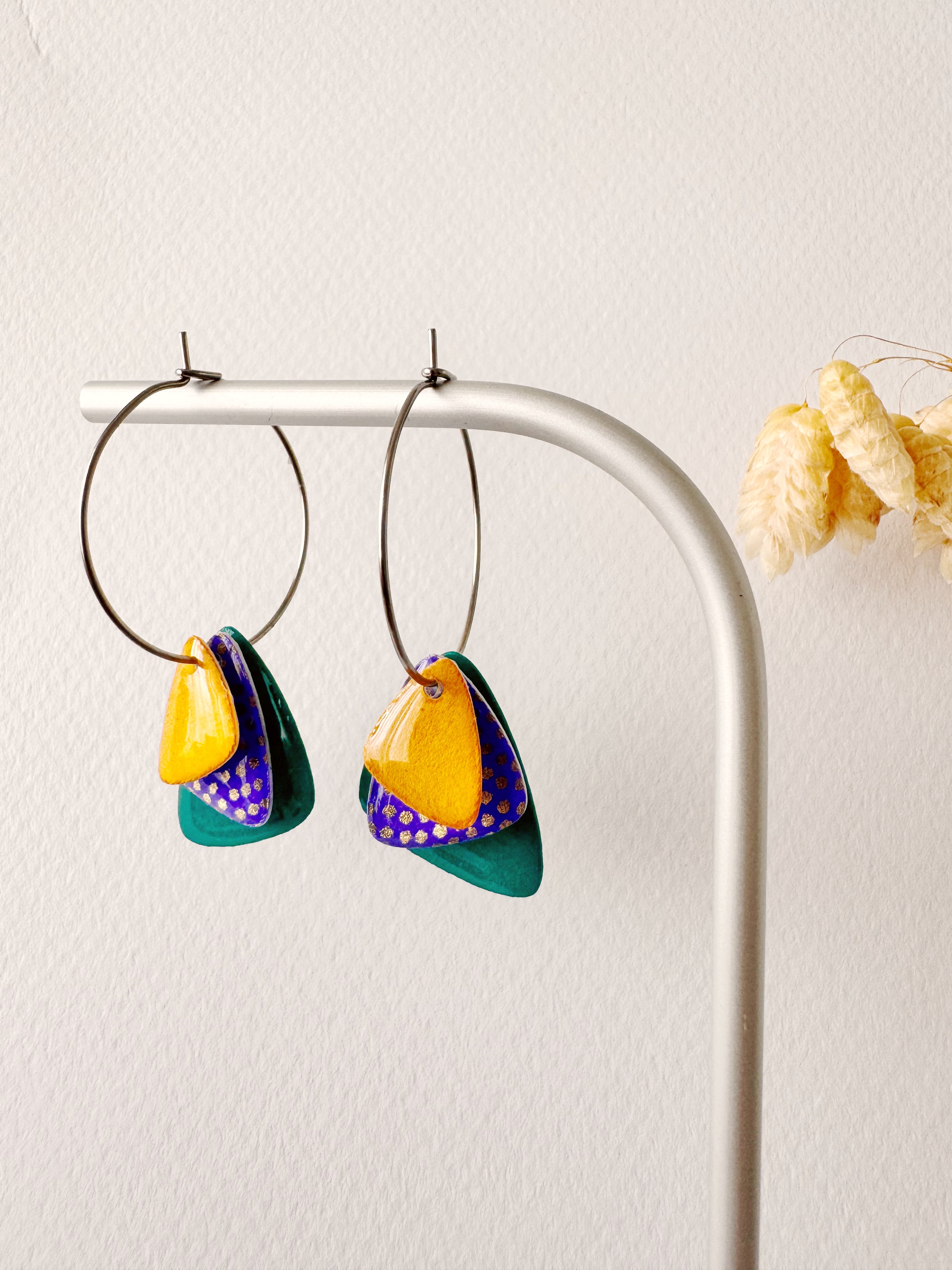 Boucles créoles PEPITA, vert bleu, bleu, jaune moutarde