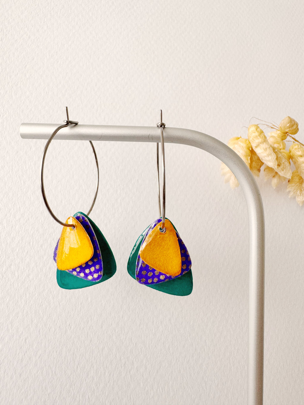 Boucles créoles PEPITA, vert bleu, bleu, jaune moutarde