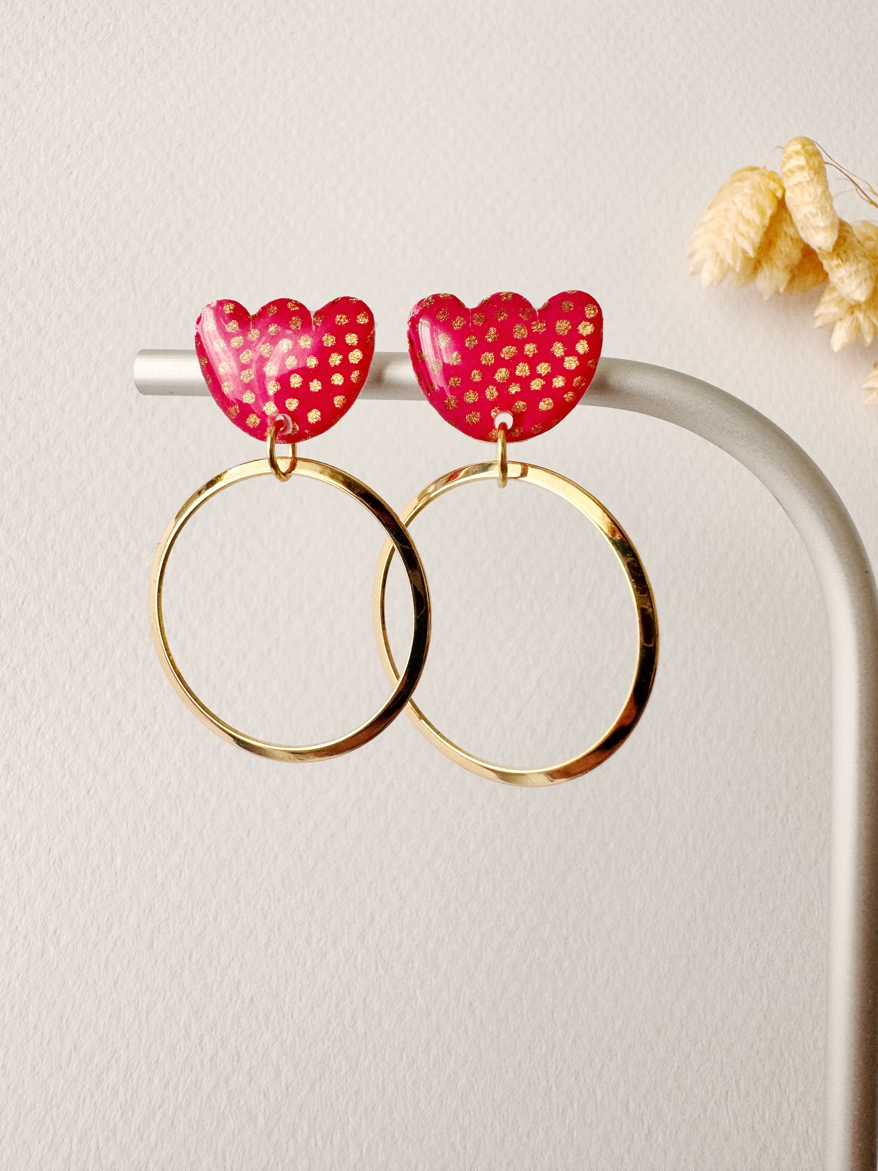 Boucles pendantes MALIA, rose, doré, motif pois