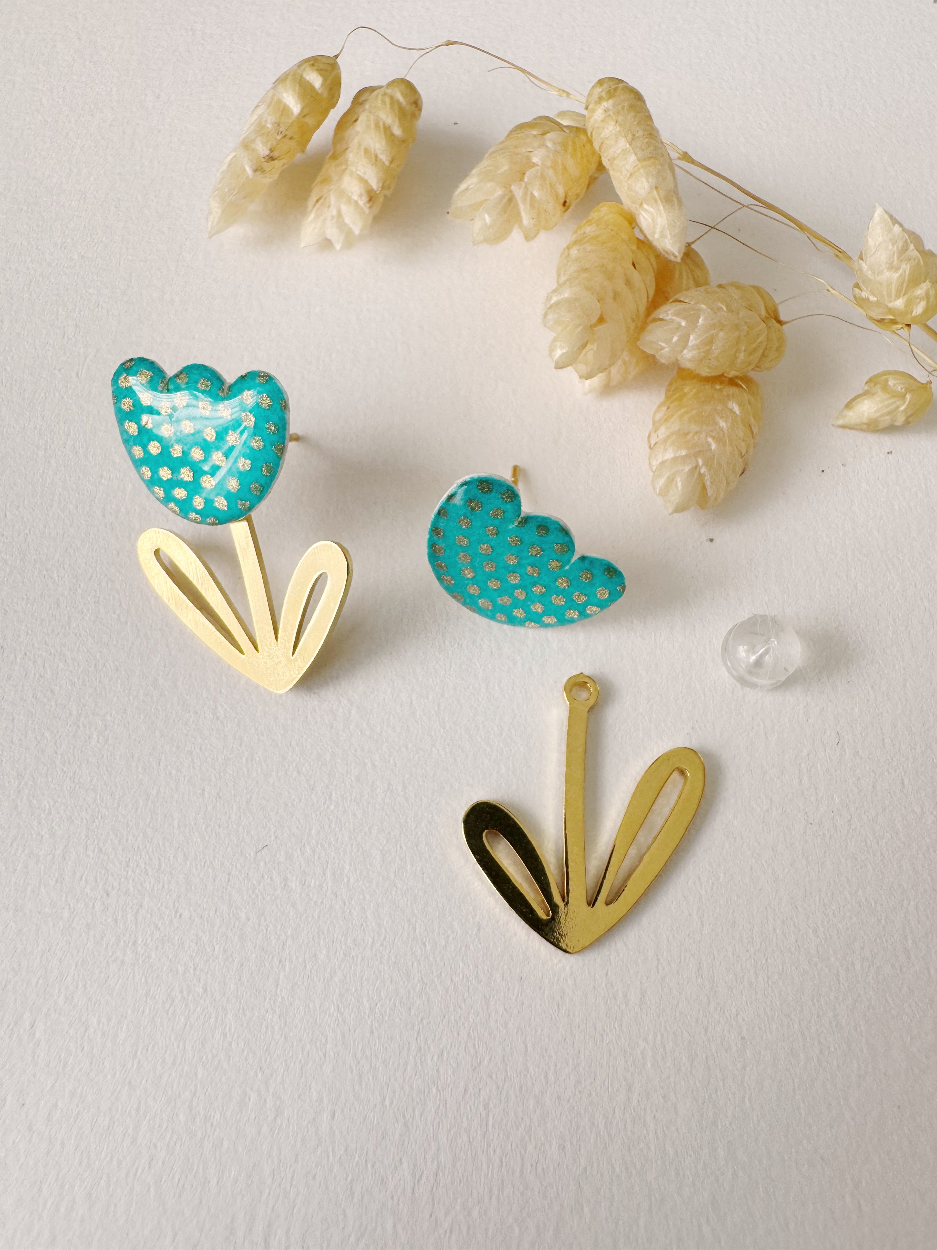 Boucles modulables LOUISE, bleu vert, doré, motif pois